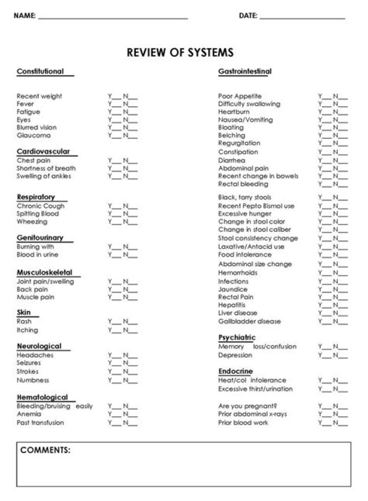 What do you write in a review of systems?