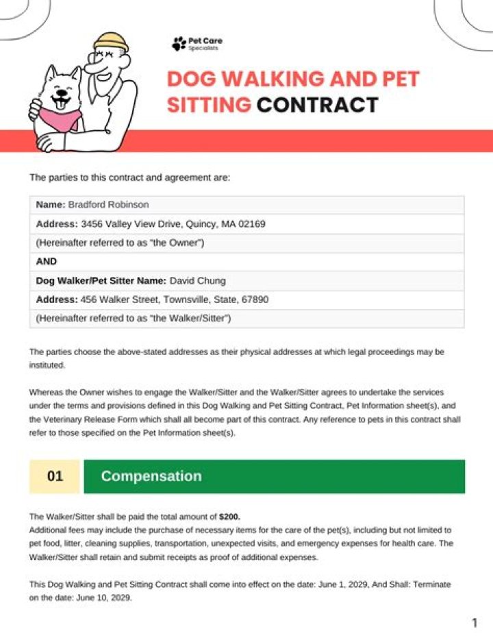 What should be included in a pet sitting contract?